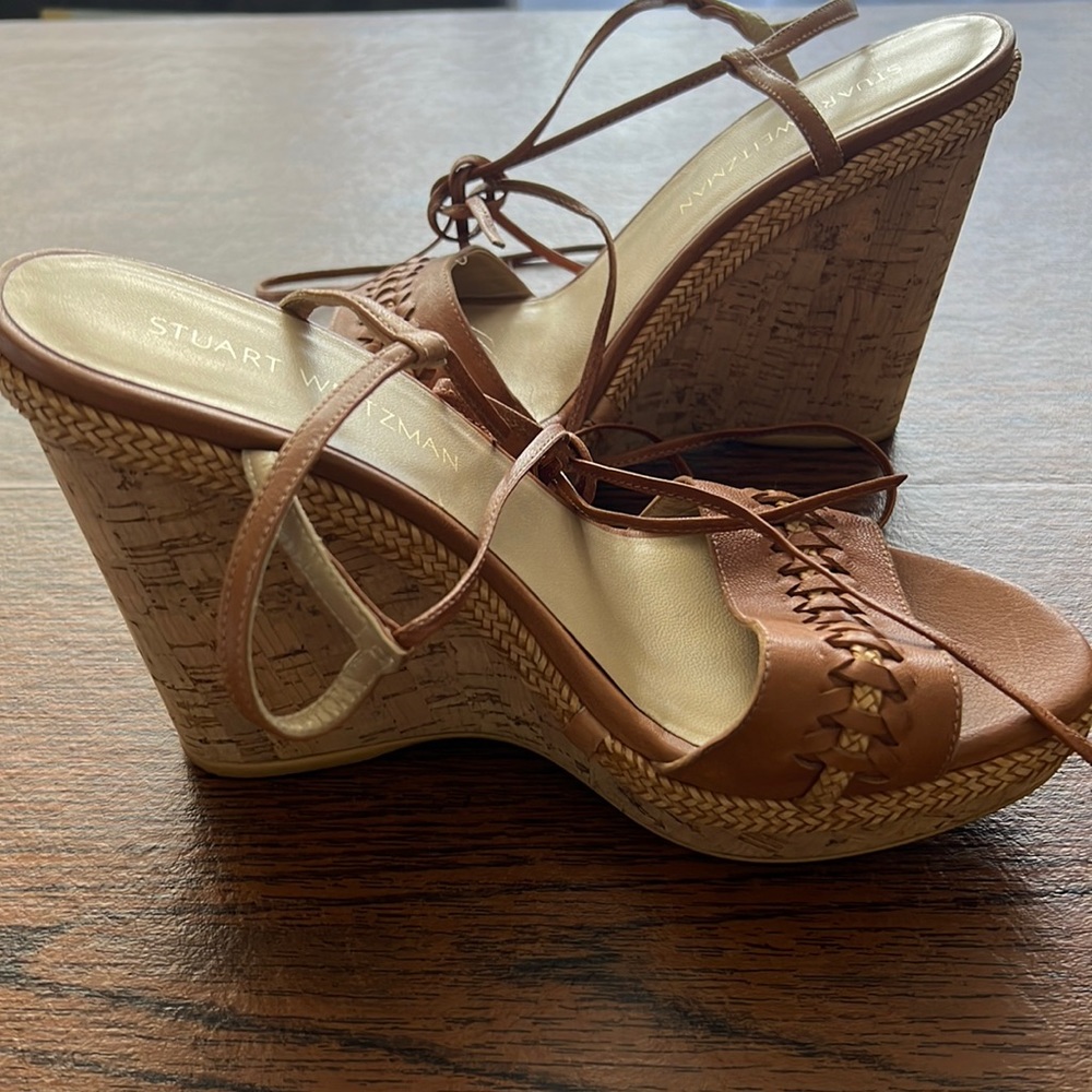 Stuart weitzman Tiedover Ankle-Wrap Wedge Sandal Camel size 8.5 M